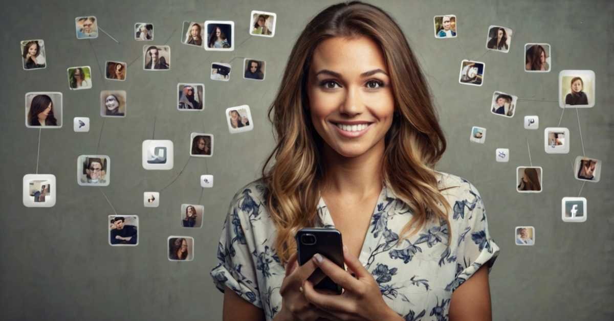 A woman holding a smartphone and smiling, with a network of floating profile images and icons symbolizing social connections and social media activity in the background.