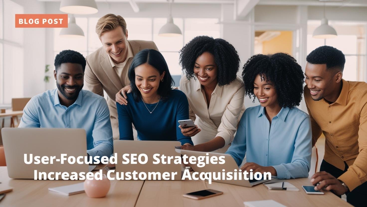 Group of diverse professionals smiling and collaborating around a laptop and smartphone in a bright, modern office, with text overlay: 'User-Focused SEO Strategies Increased Customer Acquisition.