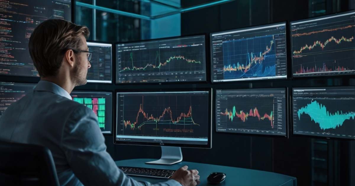 A financial analyst in a modern office monitors multiple screens displaying stock market charts, financial graphs, and data analytics, representing financial forecasting and risk analysis using AI-driven insights.