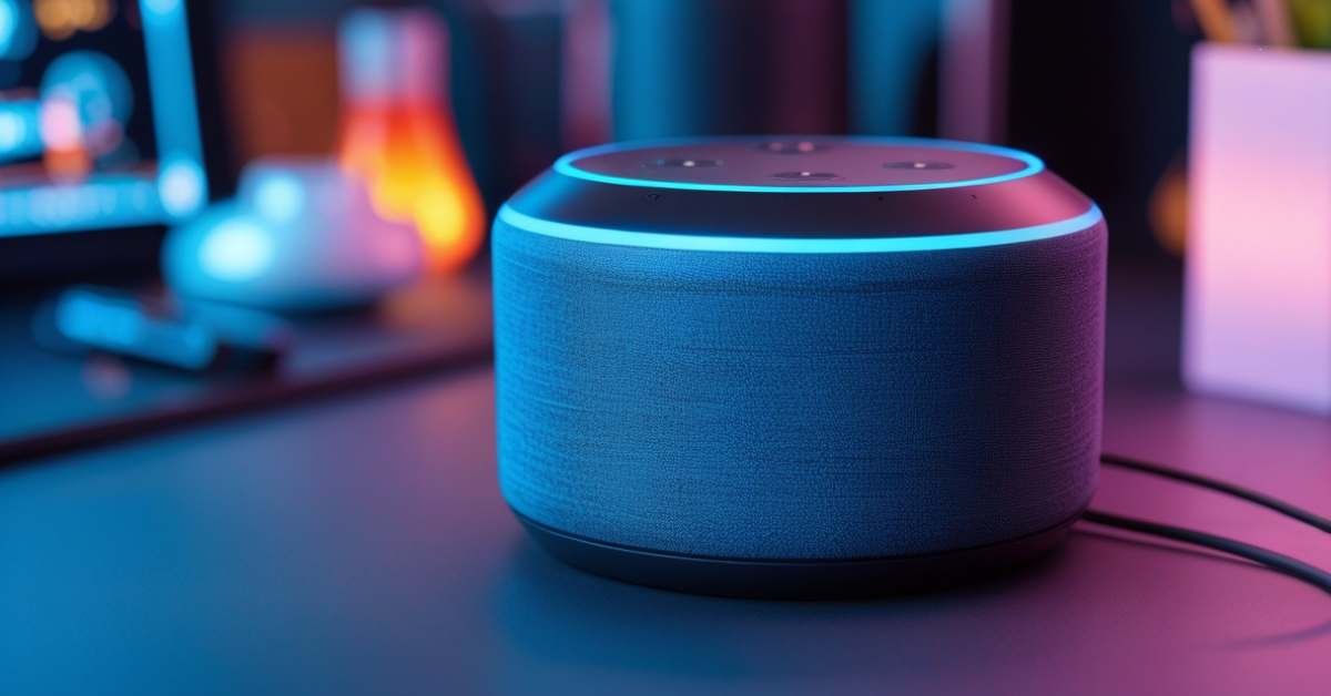 A smart speaker with a glowing blue LED ring sits on a modern desk, surrounded by a softly lit, tech-inspired environment.