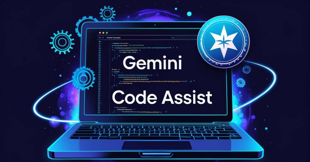 A futuristic digital illustration of a glowing laptop screen displaying lines of code with the text "Gemini Code Assist" prominently featured. The background has a deep blue space-like theme with floating gears and a circular emblem with a star symbol, suggesting AI-powered coding assistance