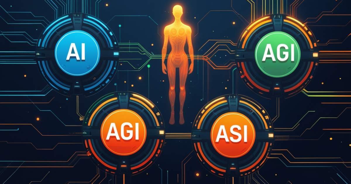 A digital illustration showing a human figure surrounded by four circular icons labeled AI, AGI, AGI, and ASI.