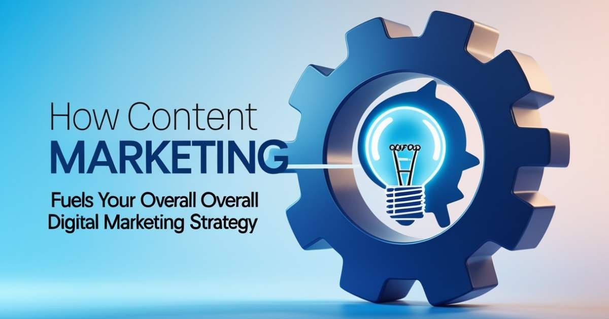 A graphic with a large blue gear and a light bulb inside it, accompanied by the text "How Content Marketing Fuels Your Overall Digital Marketing Strategy.