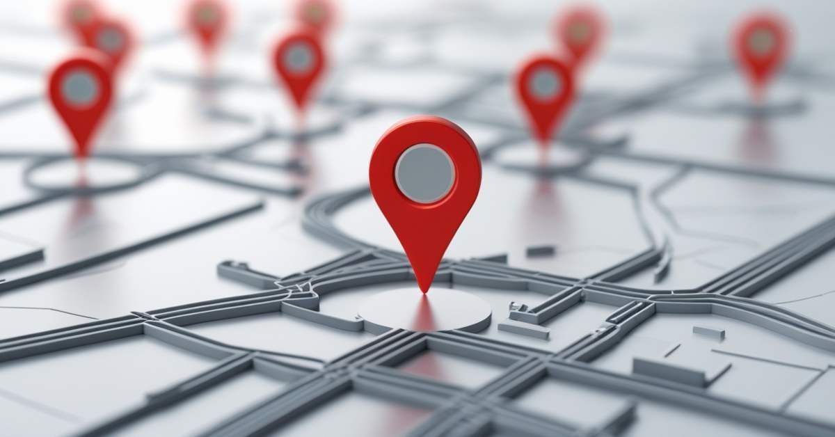 A 3D-rendered map with multiple red location pins.