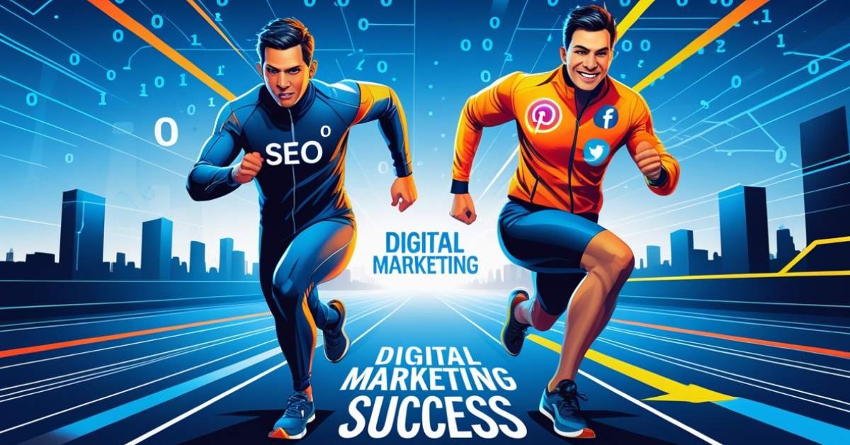 Illustration of two male runners representing SEO and social media marketing in a digital race, symbolizing competition in digital marketing success.