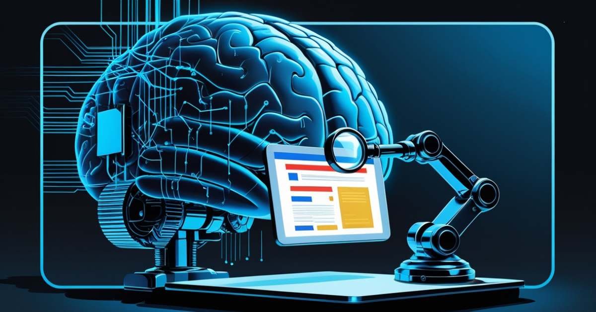 A digital illustration of a robotic arm examining a computer screen with a magnifying glass, set against the backdrop of a large, glowing brain with circuit-like patterns.