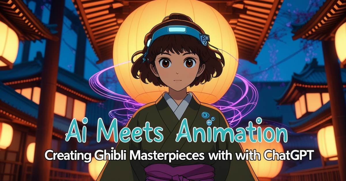 An AI-generated anime-style illustration of a young girl wearing a futuristic kimono with glowing cybernetic elements, standing in a traditional Japanese lantern-lit street at night. The text overlay reads, "AI Meets Animation: Creating Ghibli Masterpieces with ChatGPT.