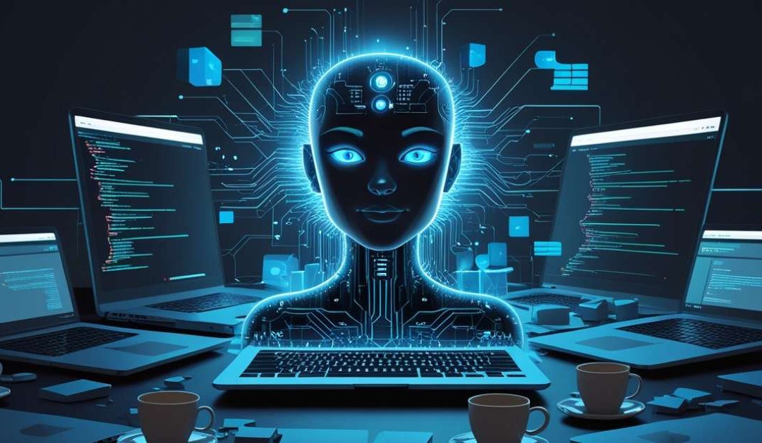 A digital representation of a human head surrounded by multiple laptops displaying code, symbolizing artificial intelligence and technology integration.
