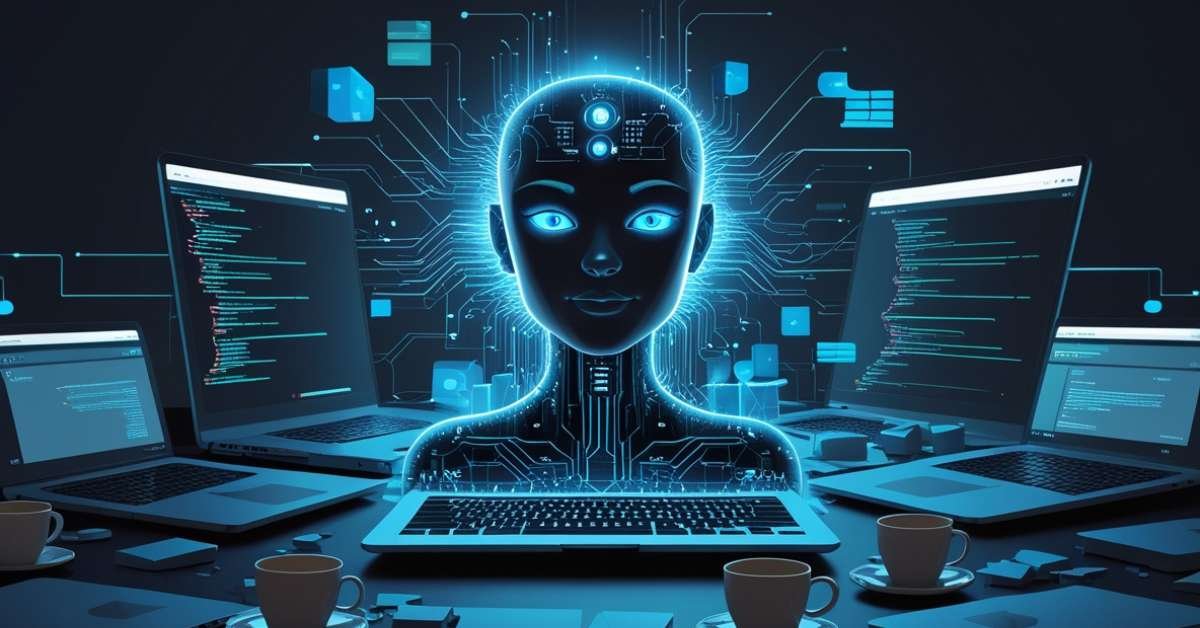 A digital representation of a human head surrounded by multiple laptops displaying code, symbolizing artificial intelligence and technology integration.
