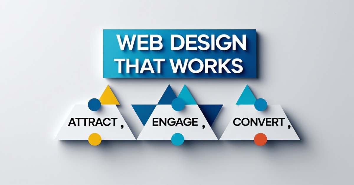 Web Design That Works: Attract, Engage, Convert. Three triangular graphics with colorful shapes and text.
