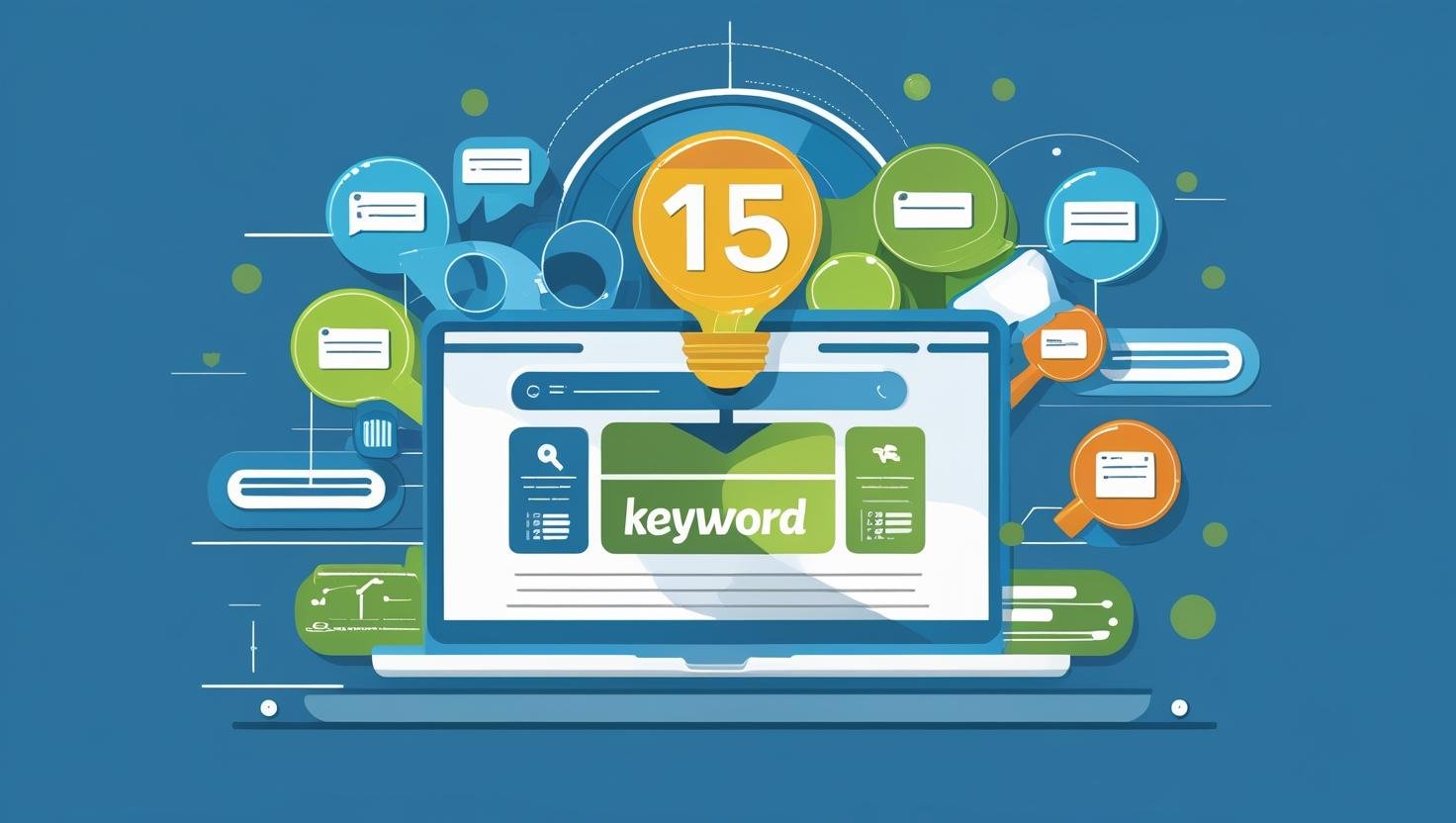 Laptop displaying a search bar with 'keyword' and 15 different keyword-related icons floating around, symbolizing diverse keyword types for SEO.