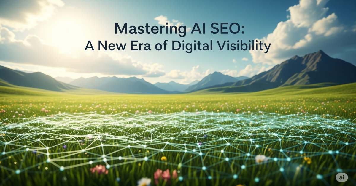 A serene landscape with a glowing network grid over a green field, symbolizing AI algorithms and digital interconnectedness.