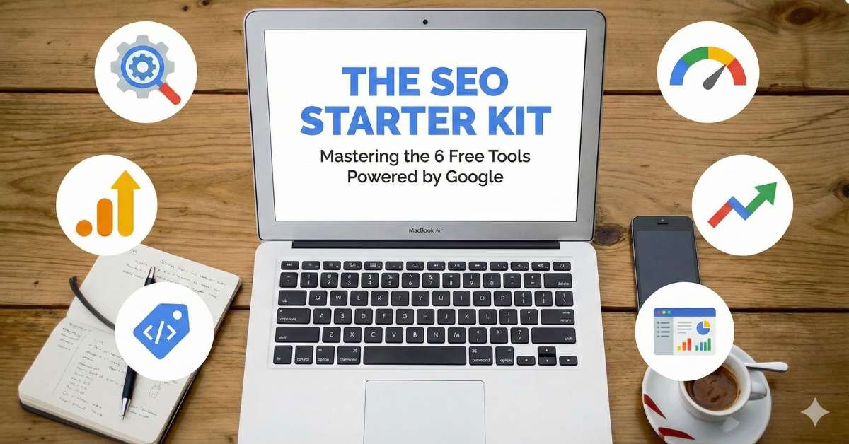 A laptop on a wooden desk displaying the text 'The SEO Starter Kit: Mastering the 6 Free Tools Powered by Google' on the screen, surrounded by icons for Search Console, Analytics 4, PageSpeed Insights, Trends, Tag Manager, and Looker Studio.