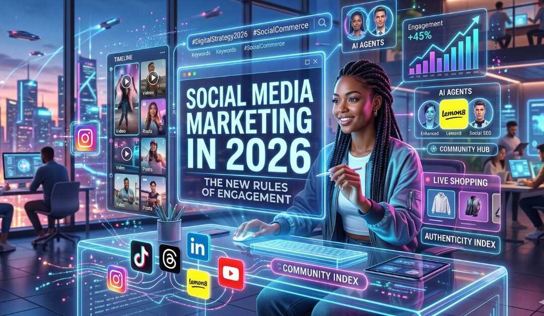A woman working at a glowing glass desk in a high-tech office. Holographic screens display "Social Media Marketing in 2026: The New Rules of Engagement," alongside icons for TikTok, Instagram, LinkedIn, and Lemon8, and data charts for AI agents and live shopping.