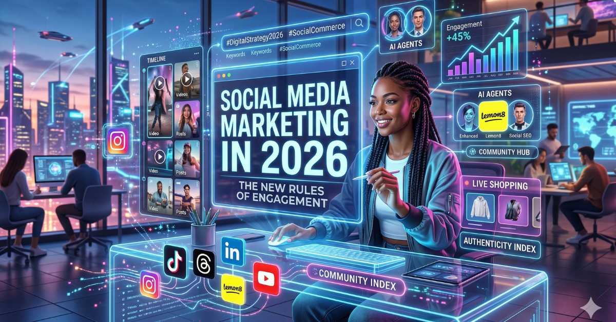 A woman working at a glowing glass desk in a high-tech office. Holographic screens display "Social Media Marketing in 2026: The New Rules of Engagement," alongside icons for TikTok, Instagram, LinkedIn, and Lemon8, and data charts for AI agents and live shopping.