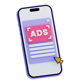 A 3D-style illustration of a white smartphone with a purple frame. A pop-up window on the screen displays a pink banner with the word 'ADS' and placeholder text lines, with a yellow cursor arrow clicking on the bottom corner.