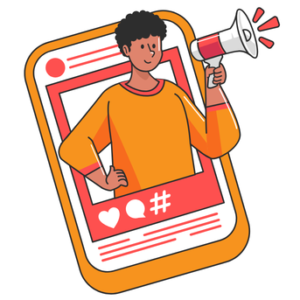 A flat-style illustration of a person with dark curly hair appearing inside a smartphone screen frame that resembles a social media post. The person is holding a megaphone and smiling, with heart, speech bubble, and hashtag icons visible at the bottom of the frame.