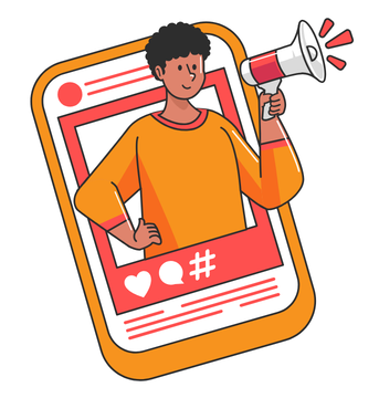 A flat-style illustration of a person with dark curly hair appearing inside a smartphone screen frame that resembles a social media post. The person is holding a megaphone and smiling, with heart, speech bubble, and hashtag icons visible at the bottom of the frame.